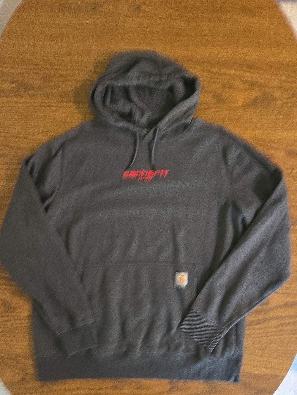 Carhartt Men's Hooded Sweatshirt in Dark Gray with Red Logo